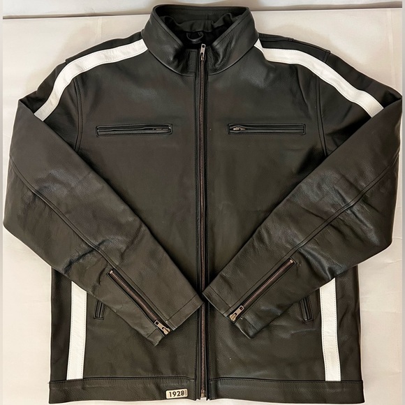 1928 Other - *CUSTOM* Mens Black Cafe Racer Leather Jacket With White Stripes Size L